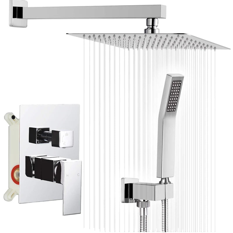 Chrome Concealed Shower Faucet System 2-way Rainfall Bathroom Mixer Bathtub Tap with Hand Sprayer