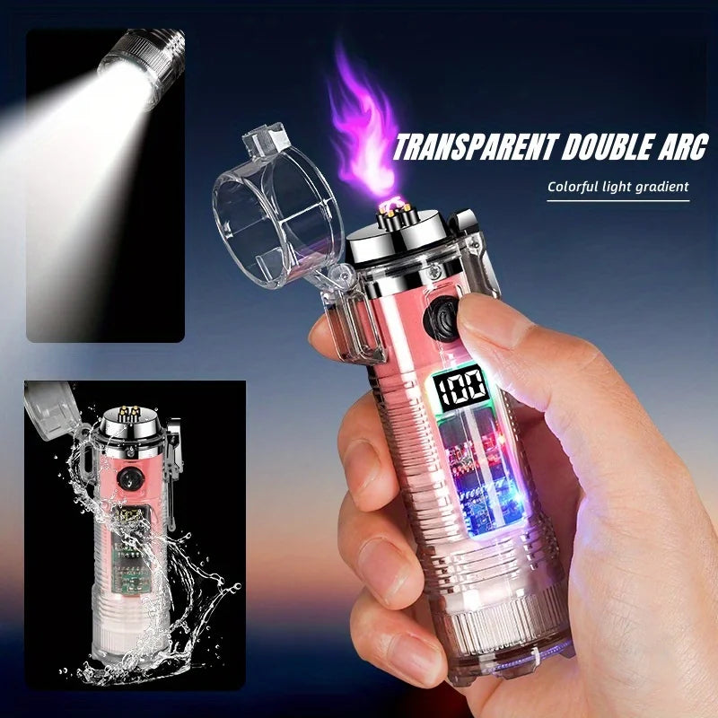 Transparent Cylindrical Electronic Pulse Lighter Flameless Arc Lighter with Flashlight Type-C Windproof Plasma Lighter Mens Gift