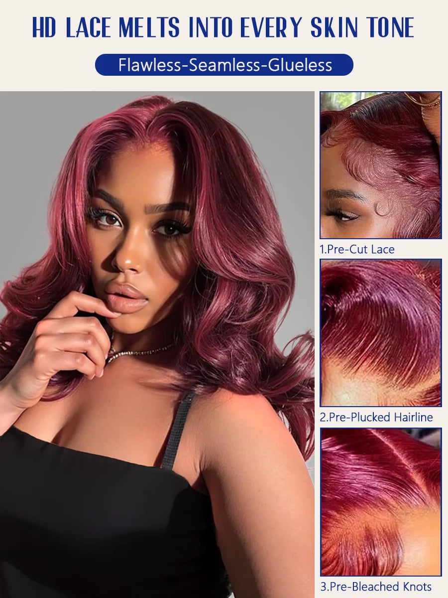 3B 3C Wine Red Colored Body Wave Human Hair Burgundy Wig 220 Density HD Lace Frontal Wigs Burgundy 99J