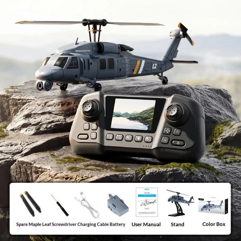 4DRC L2 RC Helicopter 8K Aerial Camera Builtin Screen Remote Control 6Axis Gyro Single Blade Black Hawk Apache Military For Boys