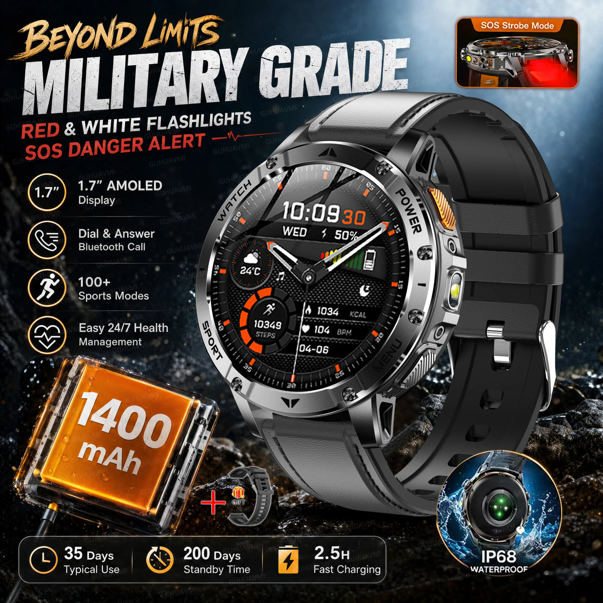 Military Smartwatch With Flashlight, Waterproof Design And Heart Rate Tracking