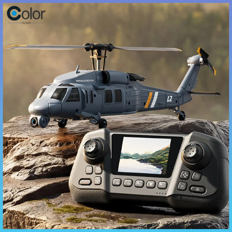 4DRC L2 RC Helicopter 8K Aerial Camera Builtin Screen Remote Control 6Axis Gyro Single Blade Black Hawk Apache Military For Boys