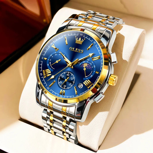 Olevs Men Waterproof Moon Phase Quartz Watch With Calendar