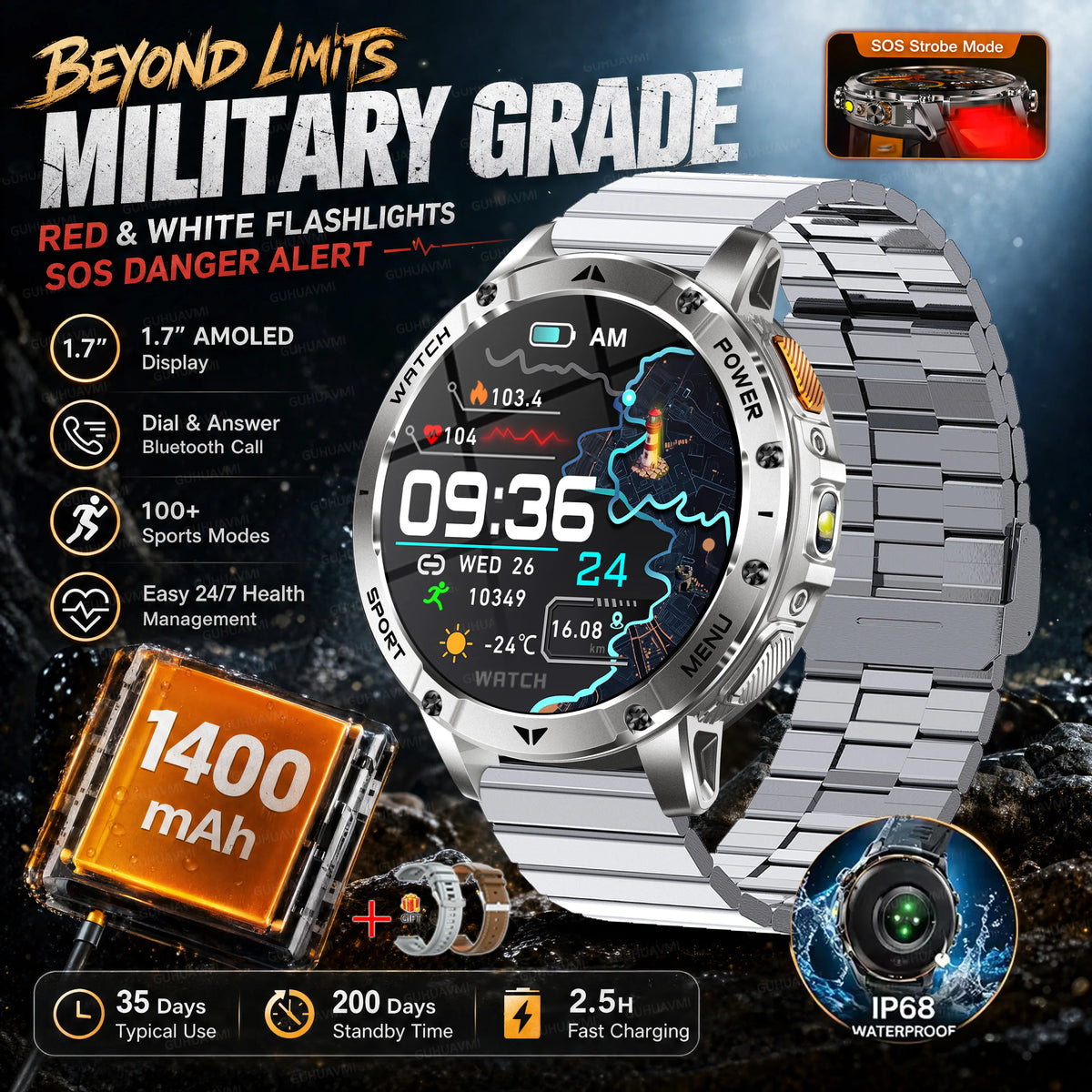 Military Smartwatch With Flashlight, Waterproof Design And Heart Rate Tracking