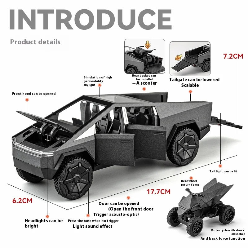 Cyber Truck Pickup Trailer RV Metal Alloy Toy Car Model Die-Casting Off-Road Vehicle Men's Gift Collection Truck Ornaments