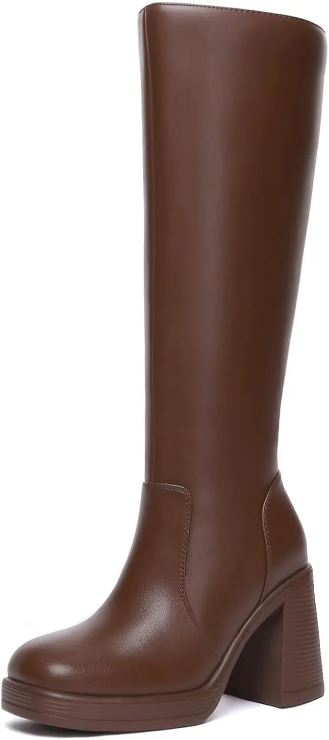 Knee High Platform Boots For Women Square Toe Chunky Heel